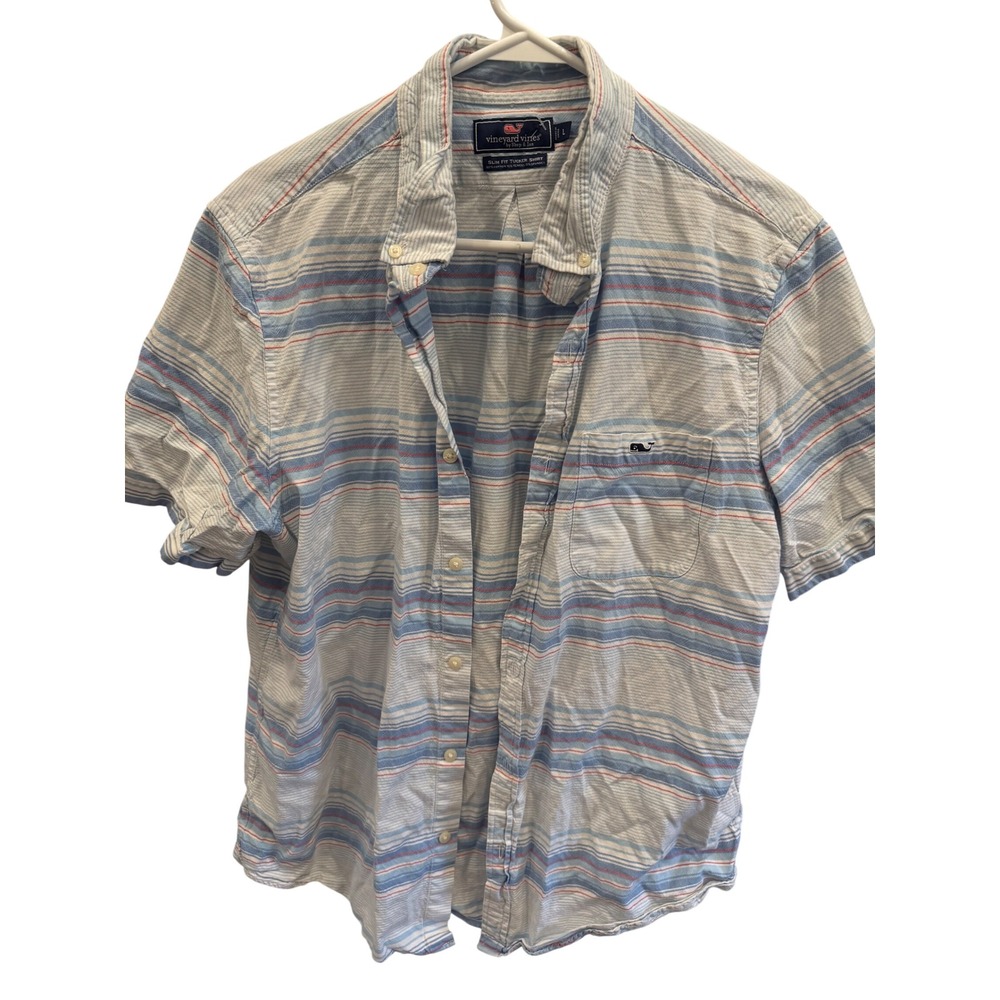 Vineyard Vines Slim Fit Tucker Shirt Mens Large Blue Red Striped Short Sleeve